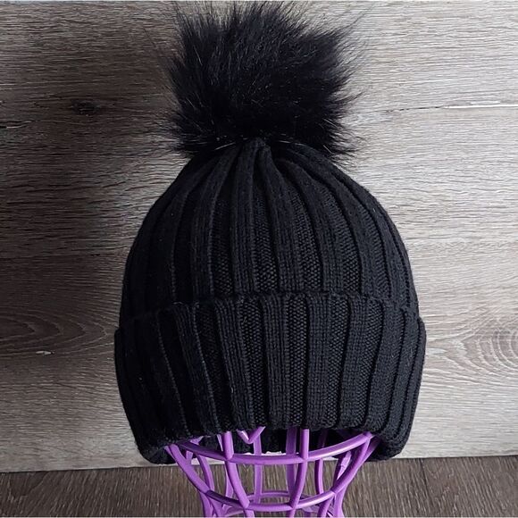 AlXILIARY Ribbed Knit Merino Wool Pom Pom Beanie - Black - Picture 1 of 5
